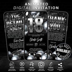 Animierte 18. Geburtstagseinladung, Black & Silver 18. Geburtstagseinladung, personalisierte Video-Einladung, digitale 18.Bday Bash Teen Party Download