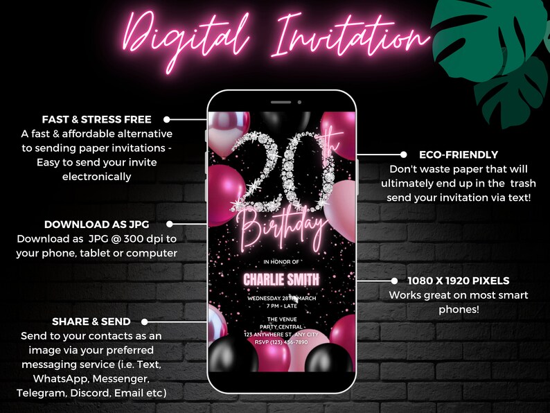Blush Pink 20th Birthday Invite, Animated Pink 20th Birthday Invitation ...