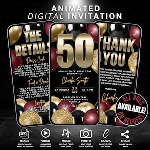 Invitación en video digital para el 50.° cumpleaños de un hombre, tarjeta de invitación animada en color granate con motivo del hito del cumpleaños, cincuenta invitaciones con detalles y agradecimiento
