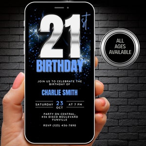 Invitación animada a la fiesta de cumpleaños número 21 para hombres, video de invitación de cumpleaños número 21 plateado y azul, plantilla editable para evitar el cumpleaños número 21 de hombre