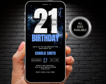 Animated 21st Birthday Party Invitation for Men, Silver & Blue 21 Birthday Boy Invite Video, Mans Editable 21st Birthday Evite Template