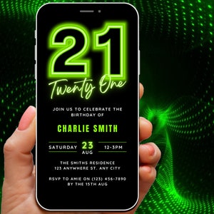 Animated 21st Birthday Invitation Template, Digital 21st Birthday Invite for Boy, Neon Green Video Invite, 21st Birthday Evite, Phone Invite