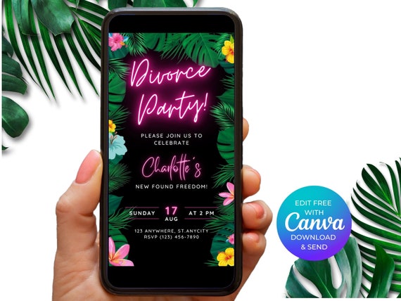 Digital Divorce Party Invitation, Tropical Neon Girls Divorce Party Invite, Paperless Invitation Template, Instant Download, Party Evite