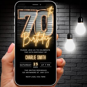 Invitación de cumpleaños número 70 para hombres, invitación de cumpleaños número 70, invitación de fiesta de cumpleaños número 70 para hombres, folleto de invitación en video animado para fiesta número 70 Evite