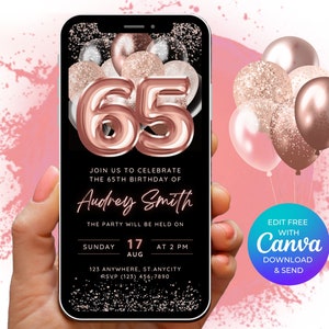 Digital 65th Birthday Invite Self Edit Rose Gold 65th Birthday Invitation Canva Template, Milestone Birthday Dinner Celebration Phone Invite