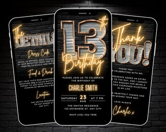 Digital 13th Birthday Invitation Itinerary Template & Thank You eCard for Teenagers, Editable Boys 13th Birthday Party Video Invite