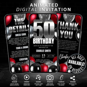 Plantilla de invitación en video digital para el 50.° cumpleaños, invitación para fiesta de cumpleaños número 50 con globos rojos y plateados, detalles y tarjeta de agradecimiento