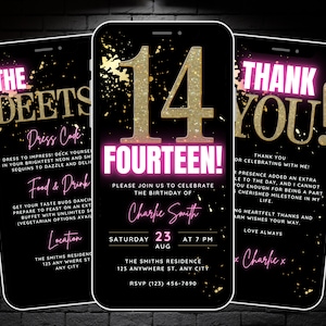 Mädchen animierte 14. Geburtstag Party Einladung, digitale 14 Geburtstag einladen, selbst bearbeitbare vierzehn Evite, Reiseplan & Dankeskarte