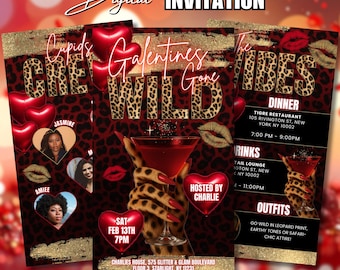 Digital Cheetah Galentines Day Party Invitation Template Gold & Red Galentines Gone Wild Girls Night Invite Leopard Print Flyer Self Edit