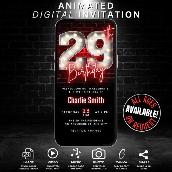 Digital 29th Birthday Party Video Invitation forMen or Women, Editable 29 Birthday Invite Template Neon Red, Animated Whatsapp Phone Flyer