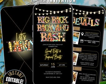 Invitación digital para fiesta de verano Big Backyard Bash, divertida, de Evite, personalizada, para cumpleaños, barbacoa, plantilla, para teléfono móvil, electrónica, e-invitación