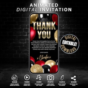 Tarjeta de agradecimiento digital en video para teléfono móvil, tarjeta de agradecimiento editable con globos rojos, negros y dorados, gracias por celebrar conmigo