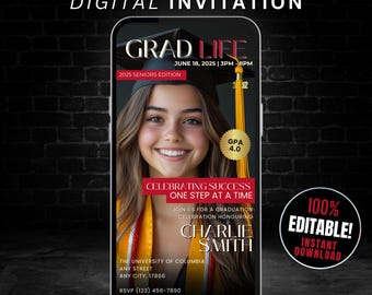 Digital Graduation Invitation Template, Editable Magazine Graduation Announcement Evite, Masters Degree PHD, Class of 2025 Grad Party Invite