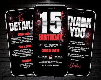 Boys 15th Birthday Invitation Silver Red Black 15 Year Old Birthday Video Invite, Editable Digital 15th Bday Party Evite with Details, eCard