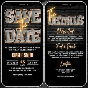 Invitation à une fête, texte modifiable Invitation d'anniversaire à retenir, invitation à retenir une date pour smartphone avec page d'informations, carte virtuelle numérique