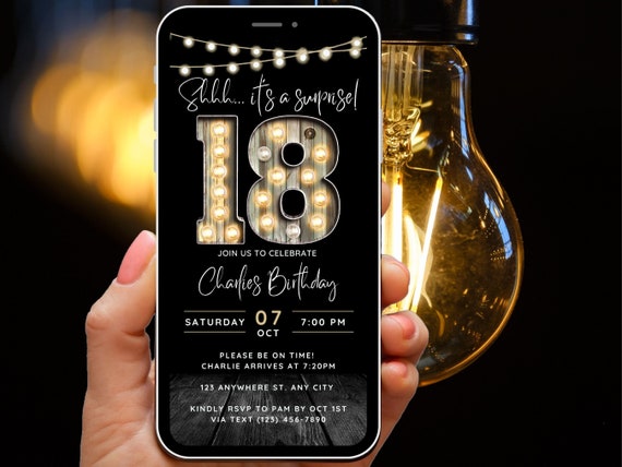 Surprise 18th Birthday Invitation for Men 18 Invite for Adults Phone Invitation Rustic Shhh Its a Surprise Invite Digital Invite for Him Guy