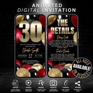 Modello digitale di invito video per il 30° compleanno, palloncino rosso nero e oro modificabile, invito per la festa dei 30 anni con dettagli