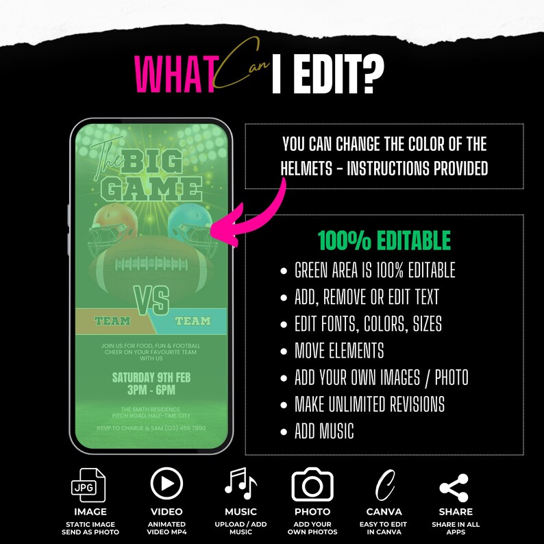 May include: A green and white digital invitation template for a football game. The template features two football helmets, the words "The Big Game", and the text "Team vs Team". The template is 100% editable and includes instructions for changing the color of the helmets.