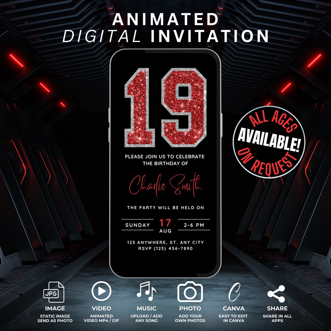Digital 19th Birthday Video Invitation Template, Editable 19 Birthday ...