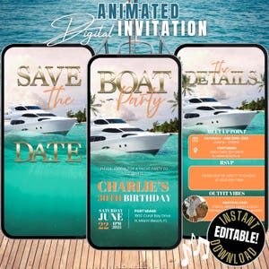 Digitale bootfeestuitnodiging geanimeerde jachtfeestuitnodiging gouden cruise zomerbootfeest Evite, bewerkbaar reisplansjabloon e-card