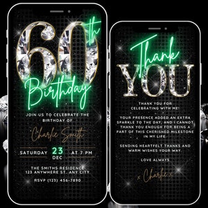 Animated 60th Birthday Invitation for Women, Diamond Invitation, 60th Birthday Invite Digital Template, Sixty Invite Evite & Thank You eCard