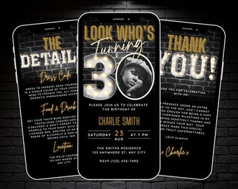 Look Who's Turning 30, Mens 30th Birthday Party Invitation with Photo, Digital 30th Invite Template, Thirty Evite, Mobile Invite Package