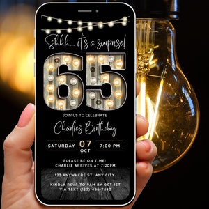 Convite Surpresa de 65º Aniversário para Homens 65 Convite para Adultos Convite por Telefone Rústico Shhh É um Convite Surpresa Convite Digital para Ele Cara