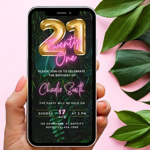 Digital Twenty One 21st Birthday Party Invitation, Electronic Text Mobile Invite, Pink Neon Tropical Evite, Editable Template, Download