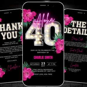 Aloha 40 Birthday Invitation, Animated 40th Invite, Hello 40 Invitation, Tropical Party Evite, Mobile Phone Invite, Details & Thank You Card