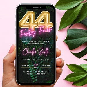 Digital 44th Birthday Party Invitation Template, Neon Pink Tropical theme invite, Phone Invite, Pink Tropical, Virtual Invitation, Evite