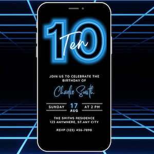 Animierte 10th Birthday Einladungsvorlage für Jungen, bearbeitbare 10th Birthday Party Invite Neon Blau, Digital Tenth Party Evite, 10 Einladungskarten