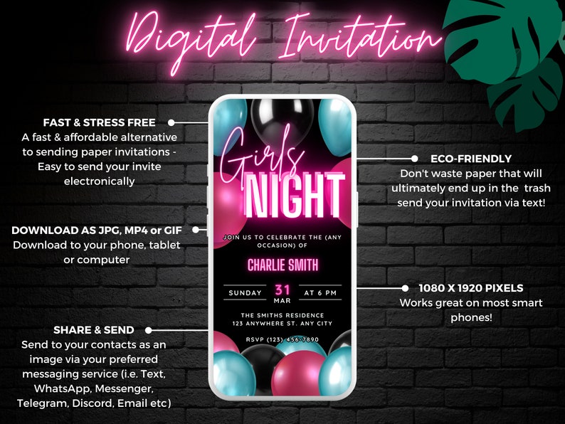 Digital Girls Night Out / in Invitation, Animated Teal & Pink Birthday ...