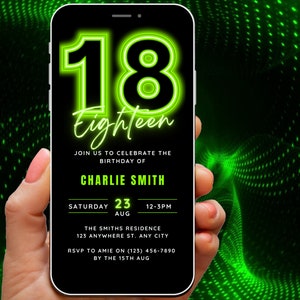 Animated 18th Birthday Invitation, 18th Digital Invite for Boy, 18 yr old Bday Video Invitation, Neon Invite Template, Mobile Phone Evite