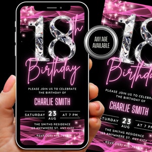 18th Birthday Invitation for Girls, Sweet 18 Invite, Editable blush pink & Diamond Party Invite, Rose gold pink Downloadable Evite Template