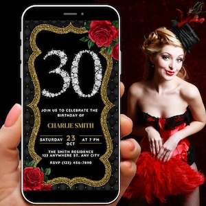 Plantilla de invitación de cumpleaños número 30 para mujer, invitación digital número 30 en rojo y dorado con un tema festivo, invitación telefónica Diamond 30 para mujeres Evite