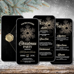 Könnte beinhalten: Ein schwarzes Smartphone zeigt eine Weihnachtsparty-Einladung mit goldenen Schneeflocken-Designs. Die Einladung enthält Details wie Datum, Uhrzeit, Ort, Kleiderordnung und Menü. Ein goldenes Wachssiegel ist sichtbar.