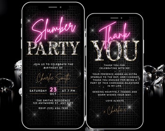 Slumber Party Invitation, Digital Pajama Party Birthday Invitation, Neon Pink Girls Night Pyjama Party Sleepover Evite, Thank You eCard