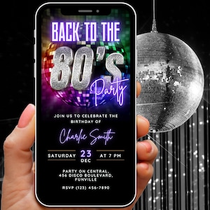 Digital Back to the 80s Party Invite Template, Editable 80s Disco Birthday Video Invitation, Neon Rainbow Evite, Self Edit Phone Invitations