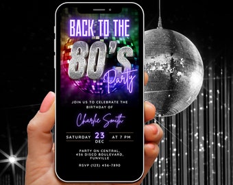 Digitale terug naar de jaren 80 partij uitnodiging sjabloon, bewerkbare 80s Disco verjaardag video-uitnodiging, Neon Rainbow Evite, zelf bewerken telefoonuitnodigingen