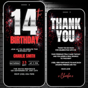 Faire-part 14 ans pour garçons, argent, rouge noir, 14 ans d'invitation vidéo d'anniversaire, carte virtuelle numérique modifiable pour l'anniversaire du 14e anniversaire et remerciement