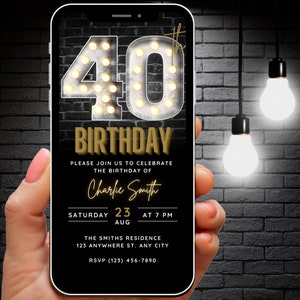 Invitación de cumpleaños número 40 para hombres, 40.a invitación digital Plantilla Canva de invitación de oro negro, invitación de teléfono móvil de fiesta de cuarenta días SMS Evite