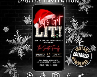 Digital Lets Get Lit Christmas Party Invitation Red Neon, Self Edit Christmas Drinks Video Invitation Template, Animated Xmas Flyer Evite