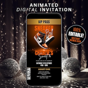 Animated VIP Orange Sneaker Ball Party Ticket Invitation Boys, Self Edit Got Em Invite, Digital Lets Kick It Sneakerball Flyer Video Evite