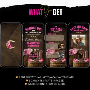 May include: A digital template for a graduation party invitation. The template features a rustic brown background with a pink horseshoe, cowboy boots, and a barrel. The text on the template reads "Saddle Up! And Put Your Boots On!" and "Charlie Smiths Graduation Hoedown".