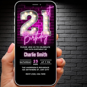 Download do modelo de convite de aniversário de 21 anos para mulheres, convite de aniversário de 21 anos, convite editável retro divertido para festa de 21 anos digital Evite Modern Ecard