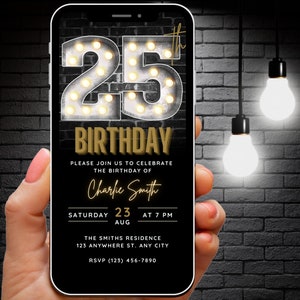 Mens 25th Birthday Invitation, 25th Digital Invite Black Gold Invitation Canva Template, 25 Birthday Party, Smartphone Invite Email Evite