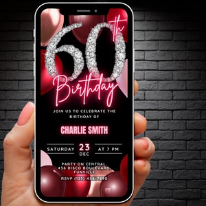 Womens 60th Birthday Invitation Template, Self Edit Animated Red Berry Balloon 60th Birthday Invite, Digital 60 Flyer Diamond E Invite Evite