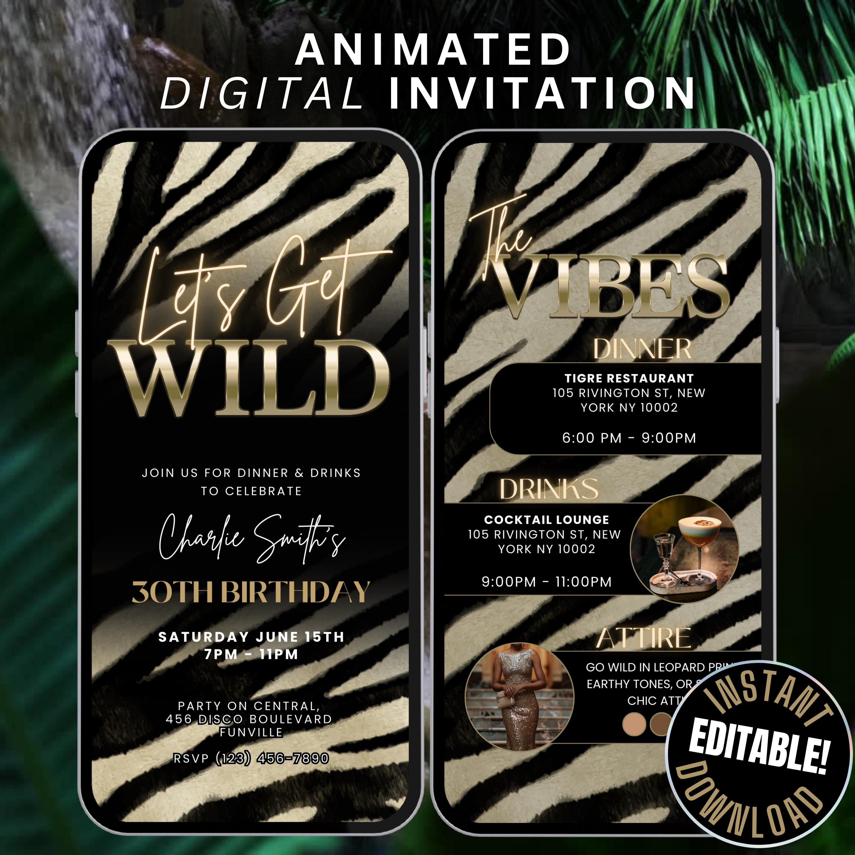 Zebra Print Birthday Dinner & Drinks Invitation Template, Animated