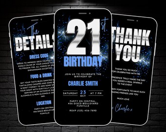 Animated 21st Birthday Party Invitation for Men, Silver & Blue 21 Birthday Boy Invite Video, Editable 21st Birthday Evite Itinerary Template
