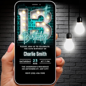 Digital 13th Birthday Invitation for Boys Girls, 13th Birthday Invite Editable Template, Teenager Invites Neon Green 13 year old Phone Evite